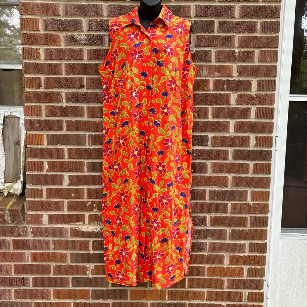 Studio C Plus sleeveless Linen Blend Maxi Button Up Orange Floral Dress Sz 16W